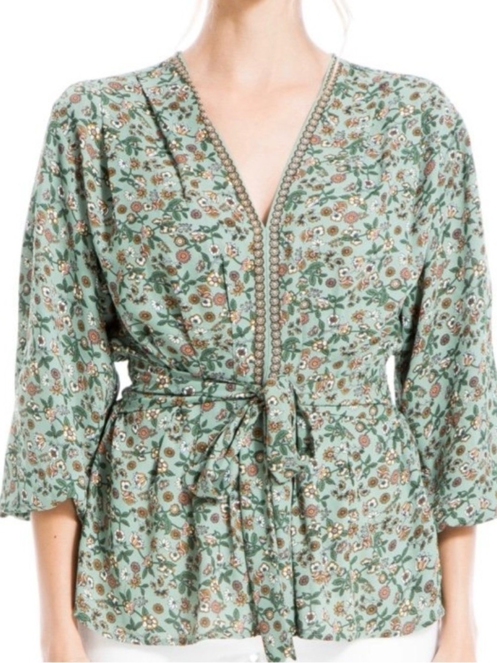 MAX STUDIO GREEN FLORAL V-NECK BOHO BLOUSE TIES IS FRONT WOMENS SZ XS NWOT